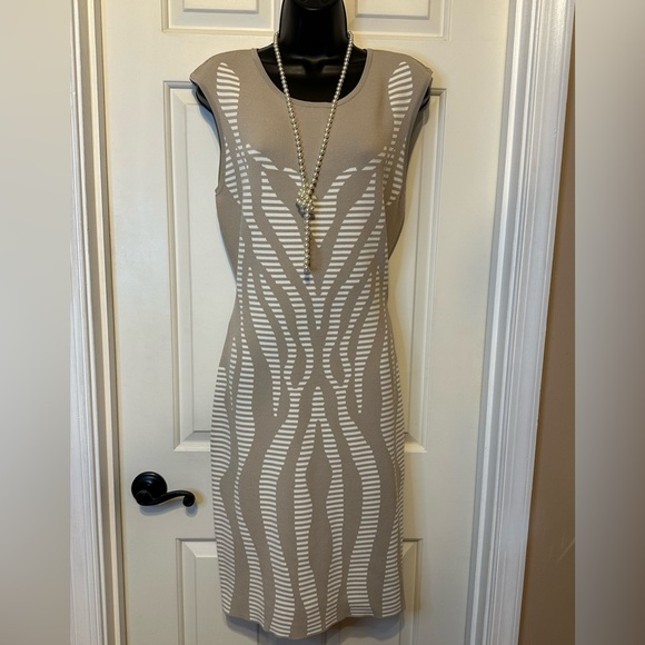 Calvin Klein Dresses & Skirts - SG07-Calvin Klein Tan and White Sheath Sweater Midi Dress